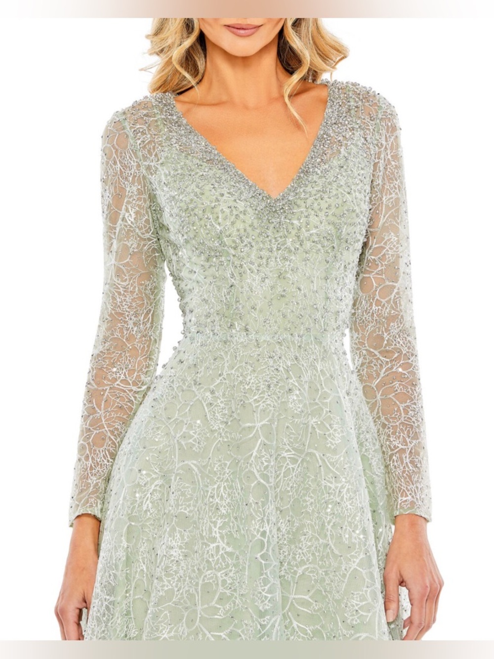 Mac Duggal Pale Green Long Sleeve V-Neck Lace Evening Gown - Picture 3 of 3
